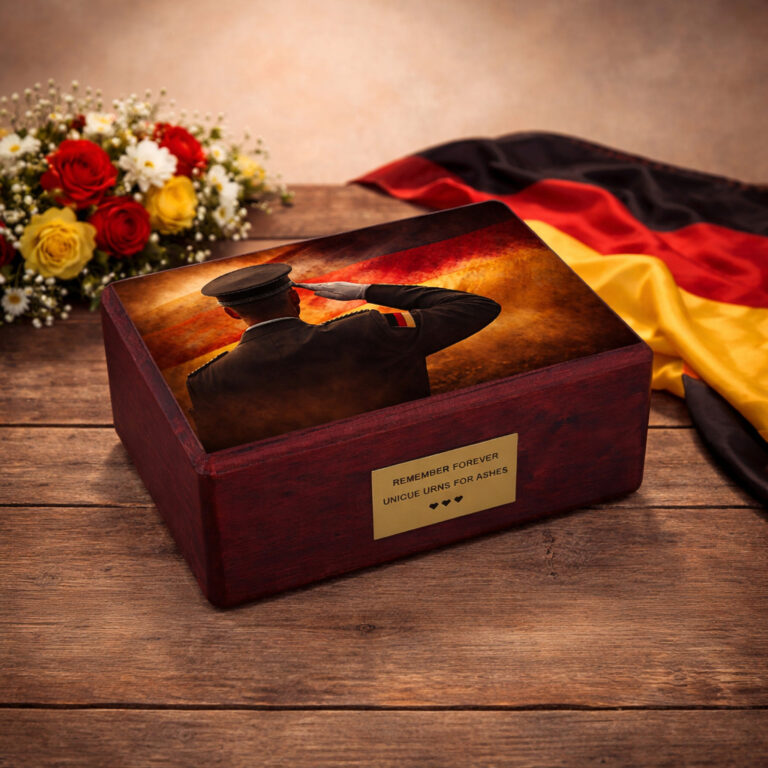 German patriotic urn on rustic wooden table with flowers and national flag backdrop