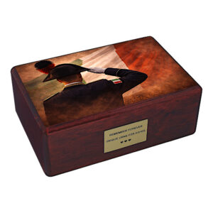 Wooden cremation urn with Italian flag and saluting soldier tribute design isolated on white background