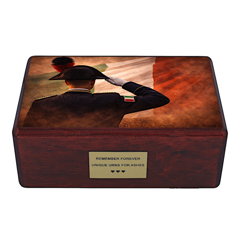 Front view of memorial urn with Italian soldier salute and national flag artwork