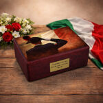 Italian patriotic urn on rustic wooden table with flowers and Italy flag backdrop