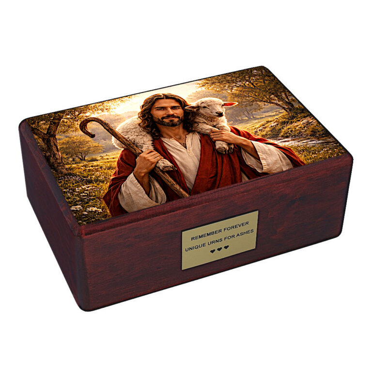 Urna in legno cattolica Gesù Buon Pastore con agnello urna cineraria adulti vista angolata