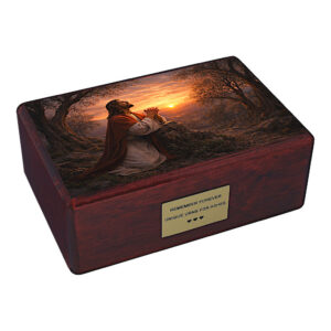 urna cineraria cristiana Gesù che prega Getsemani urna in legno per adulti vista angolata