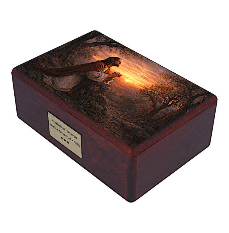 urna in legno cristiana scena di Gesù in preghiera urna per ceneri di adulti angolo laterale