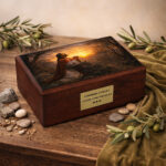 urna in legno cattolica Gesù che prega nel Getsemani su tavolo rustico con decorazioni naturali