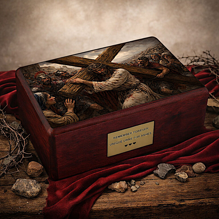 Urna cristiana in legno Gesù che porta la croce urna per ceneri commemorativa esposizione decorativa