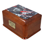 Side perspective Liverpool football urn wooden ashes urn with club crest lid design