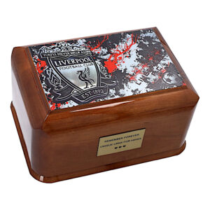 Top angle Liverpool FC themed urn for ashes wooden cremation urn football fan memorial