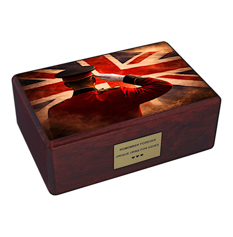 Wooden cremation urn with British soldier salute and Union Jack flag design isolated on white background