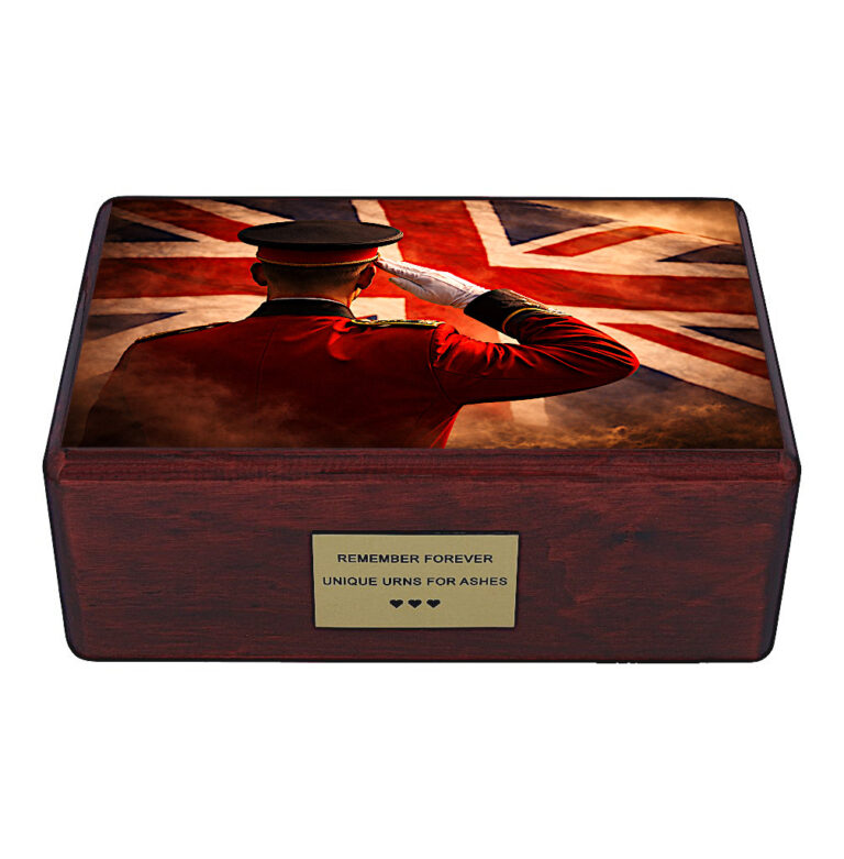 Front view of memorial urn with British soldier tribute and UK flag artwork