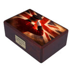 Angled wooden urn with British military tribute and Union Jack background
