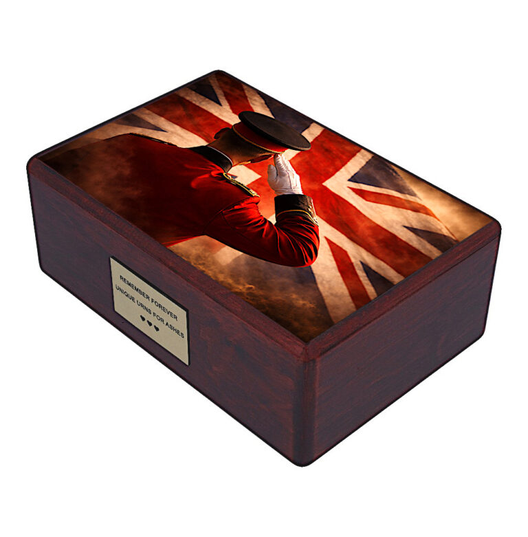 Angled wooden urn with British military tribute and Union Jack background