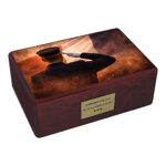 Wooden cremation urn with French soldier salute and France flag design isolated on white background