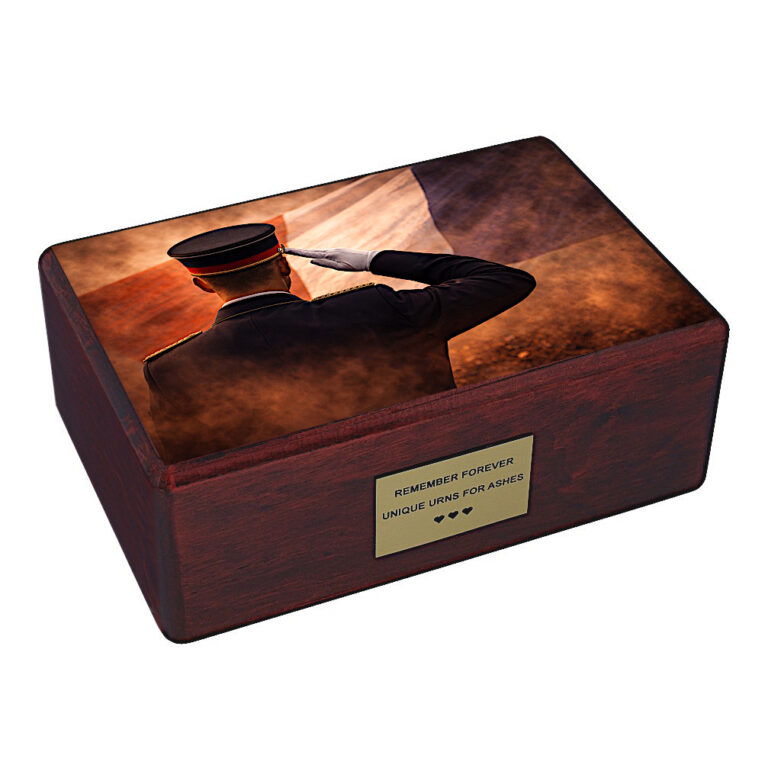 Wooden cremation urn with French soldier salute and France flag design isolated on white background