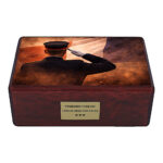 Front view of memorial urn with French military tribute and tricolor flag artwork