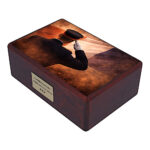 Angled wooden urn with French soldier tribute and French flag background