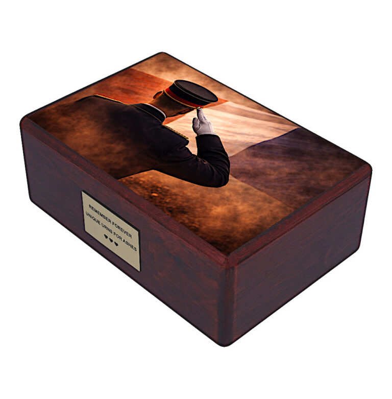 Angled wooden urn with French soldier tribute and French flag background