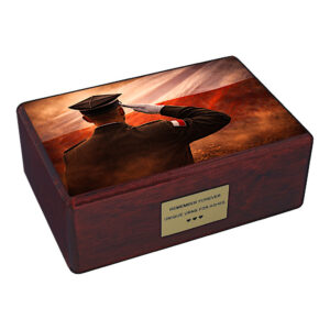 Wooden cremation urn with Polish flag and saluting soldier design isolated on white background