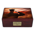 Front view of rectangular wooden urn with Poland flag and military tribute artwork