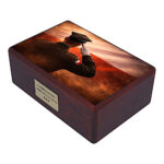 Angled view of memorial urn with Polish soldier salute and national flag design