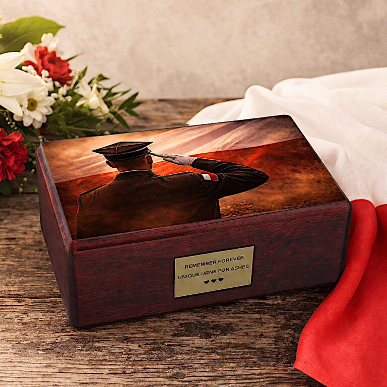 Patriotic Polish cremation urn on rustic table with flowers and Poland flag background