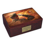 Wooden cremation urn with Spanish flag and saluting soldier design isolated on white background