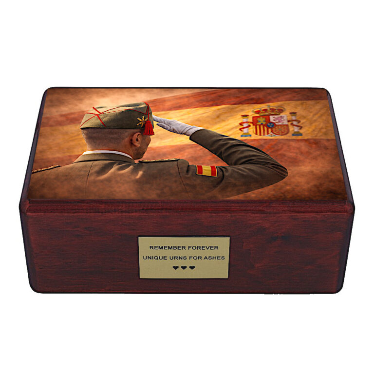 Front view of rectangular wooden urn with Spain flag and military tribute artwork
