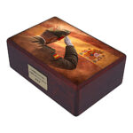 Angled view of memorial urn with Spanish soldier salute and national flag design