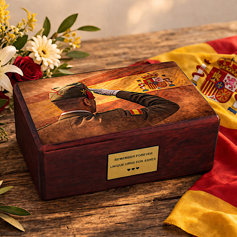 Patriotic Spanish cremation urn on rustic table with flowers and Spain flag background
