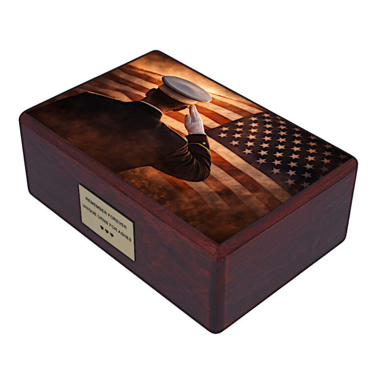 Angled view of memorial urn with saluting soldier and American flag design