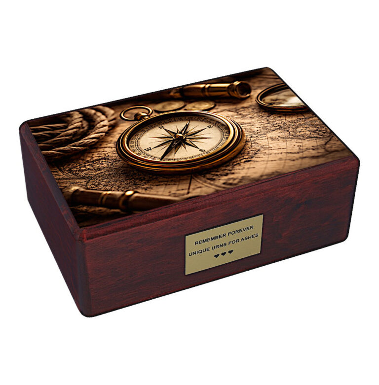 Urne funéraire en bois avec boussole vintage et carte, urne commémorative pour voyageur