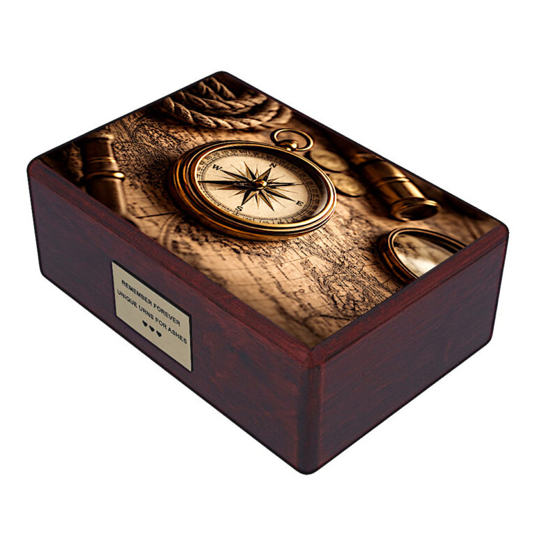 Urne en bois angulaire avec thème boussole et navigation, urne commémorative pour explorateur