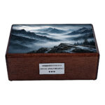 Front view wooden urn with mountain scene lid cremation ashes box natural wood finish