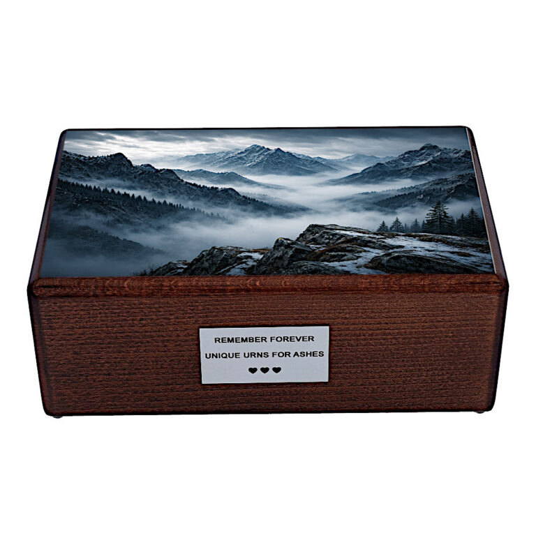 Front view wooden urn with mountain scene lid cremation ashes box natural wood finish