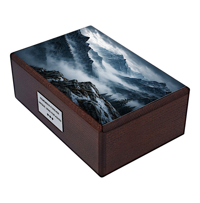 Side perspective wooden mountain urn beech wood cremation urn scenic lid design