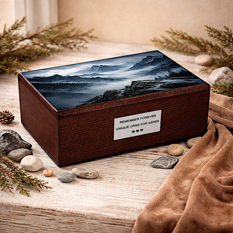 Wooden cremation urn with mountain landscape on lid styled with natural decor stones and branches