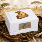 Lioness & Cub Child Cremation Urn – White Wooden Baby Memorial Urn for Ashes Displayed in a Peaceful Setting