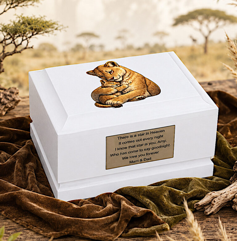 Lioness & Cub Child Cremation Urn – White Wooden Baby Memorial Urn for Ashes Displayed in a Peaceful Setting