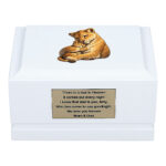 White Wooden Child Cremation Urn with Lioness and Cub Design – Front View Memorial Urn for Ashes
