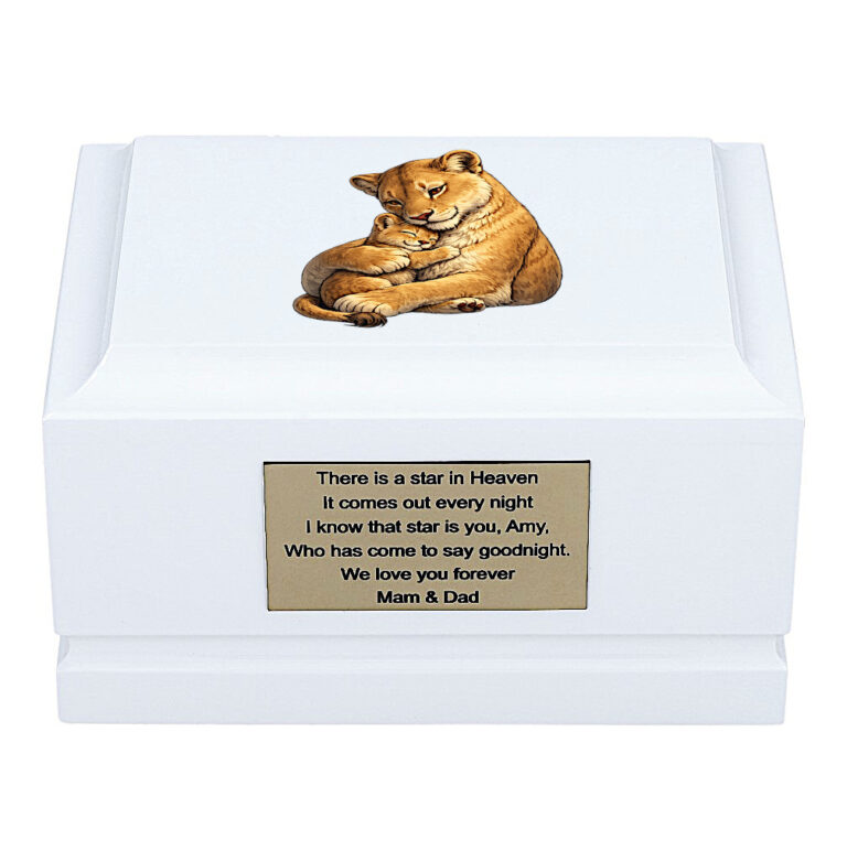 White Wooden Child Cremation Urn with Lioness and Cub Design – Front View Memorial Urn for Ashes