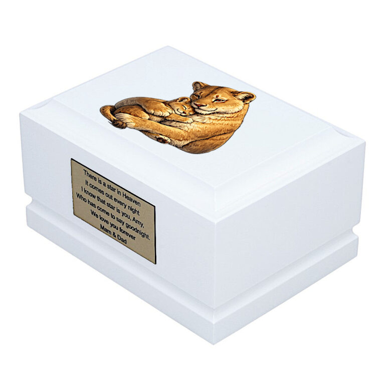 Lioness & Cub Baby Cremation Urn – White Wooden Child Memorial Urn Side Perspective