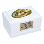 Sleeping Dinosaur Baby Cremation Urn – White Wooden Child Memorial Urn for Ashes Front Angled View