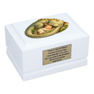 Sleeping Dinosaur Baby Cremation Urn – White Wooden Child Memorial Urn for Ashes Front Angled View