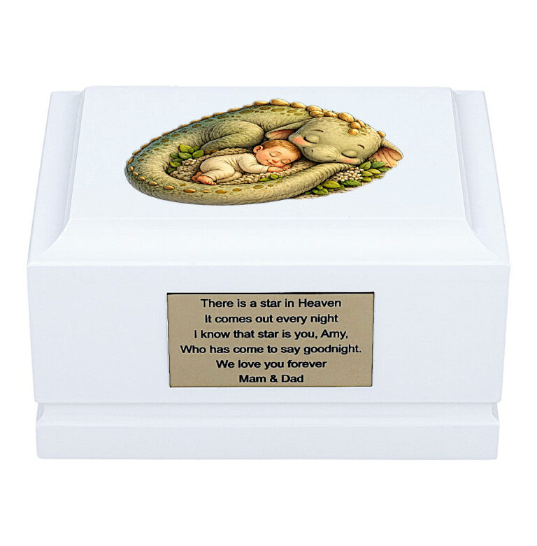 White Wooden Baby Cremation Urn with Sleeping Dinosaur Design – Front View Child Memorial Urn