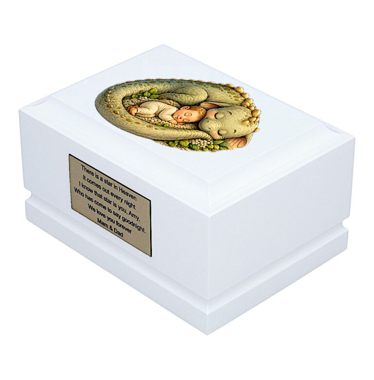 Sleeping Dinosaur Child Cremation Urn – White Wooden Baby Memorial Urn Side Perspective