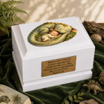 Sleeping Dinosaur Baby Cremation Urn Displayed in a Peaceful Memorial Setting
