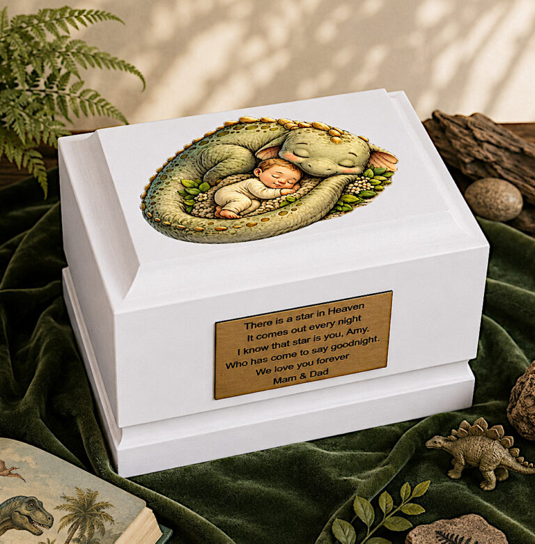 Sleeping Dinosaur Baby Cremation Urn Displayed in a Peaceful Memorial Setting
