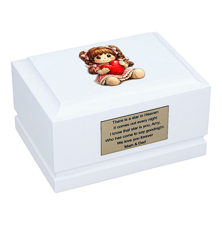 Little Girl with Heart Child Cremation Urn – White Wooden Memorial Urn with Doll Design for Ashes Front Angled View