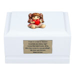 White Wooden Child Cremation Urn with Little Girl Holding Heart – Front View Memorial Urn for Ashes