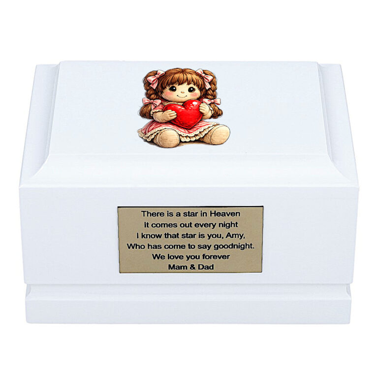 White Wooden Child Cremation Urn with Little Girl Holding Heart – Front View Memorial Urn for Ashes