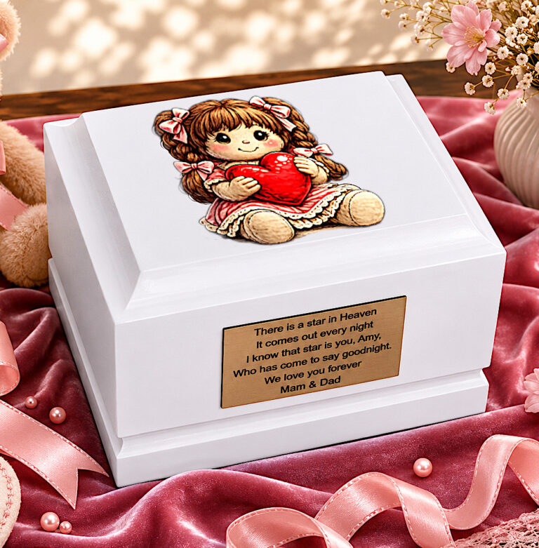 Little Girl with Heart Child Cremation Urn Displayed in an Elegant Memorial Setting